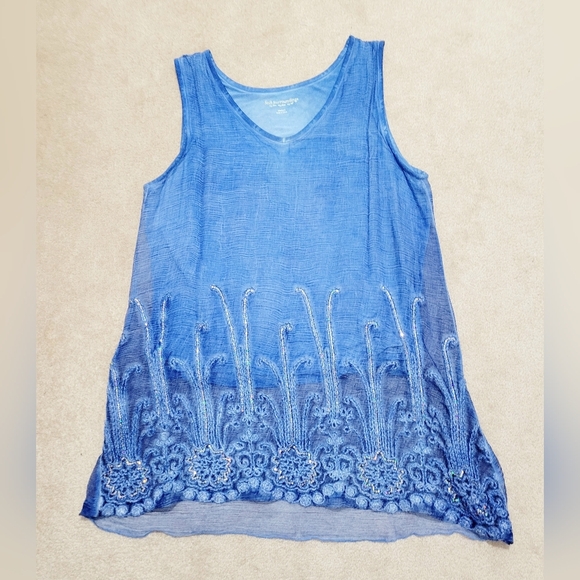 Soft Surroundings Size Medium 100% Silk Sleeveless Tunic Blue Embroidered Beaded - Picture 5 of 9